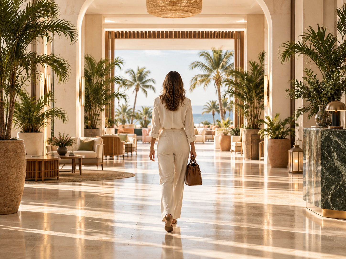 Directiva caminando por un lobby de hotel